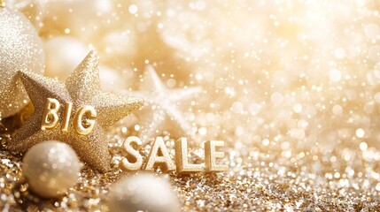 Poster - A luxurious gold and white holiday background with BIG SALE glowing in bold letters amidst decorative stars Stock Photo with side copy space