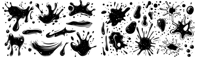 Wall Mural - Illustration in hand drawing sketch doodle style. Abstract monochromatic spots with liquid drops and ink blots.