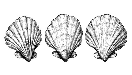 Poster - Illustrations of seashells in black and white, summer tropical images for clothing, home decor, cards, scrapbooking, post cards, frames.