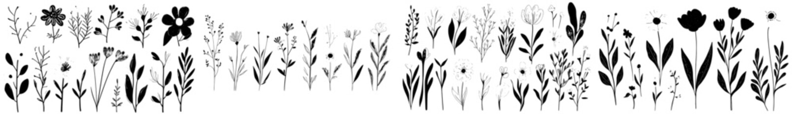 Poster - Line drawings depicting botanical abstract bouquets made from herbs, flowers, leaves, and branches, modern illustration
