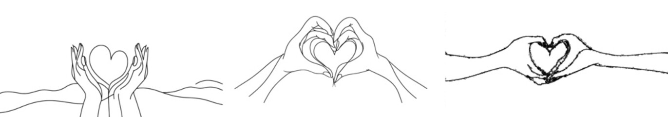 Poster - Continually drawn hands holding a heart. Linear concept of charity donation. Modern isolated background.