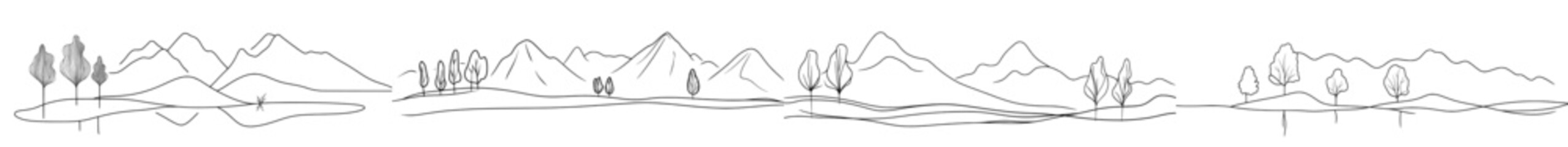 Poster - The most beautiful landscape. Wild nature. Beautiful lakes. High mountains. Vast forest. One continuous line. Linear. One continuous line drawn isolated, white background.