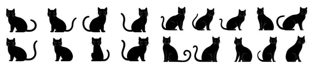 Aufkleber - A cartoon illustration of a slim black cat logo. A monochrome flat illustration of a fluffy cat. Cats with black lines. Cat Simple Contour Drawing Logo.