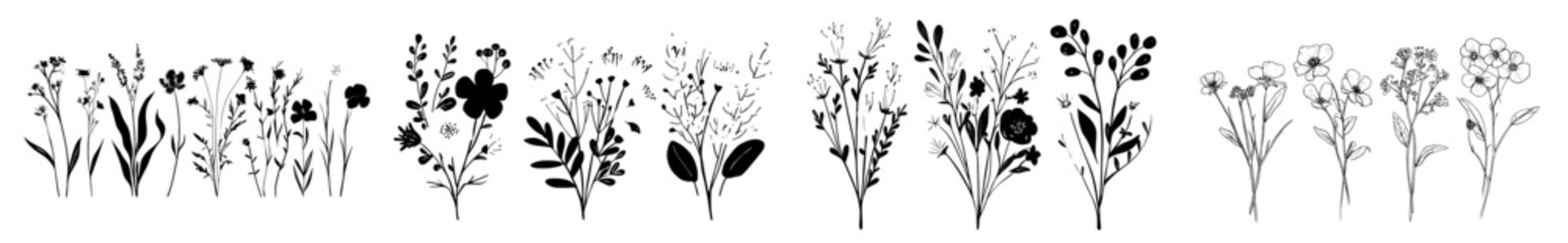 Poster - The wildflower line art bouquets set includes wild plants, botanical modern illustrations of wildflowers.