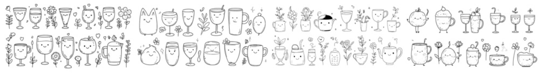 Poster - The set of cups, glasses, and wineglasses includes espresso and latte coffee, tea, champagne, wine, matcha, juice, and other beverages. Colored flat modern illustrations isolated on white.