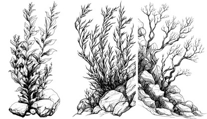 Poster - Ink illustration of seaweed and seabed stones. Line art illustration of algae on an isolated background. Outline underwater drawing of ocean floor for a logo or graphic.