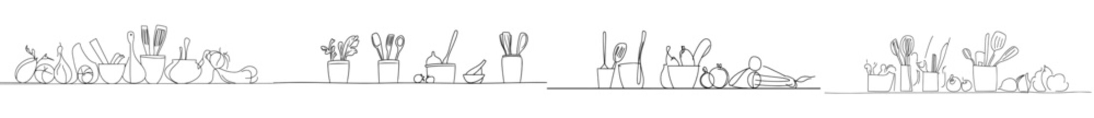 Wall Mural - Continuous line drawing on a vertical background with utensils and food. Preparing a salad. Cooking process. Healthy eating. Culinary illustration. Modern background.