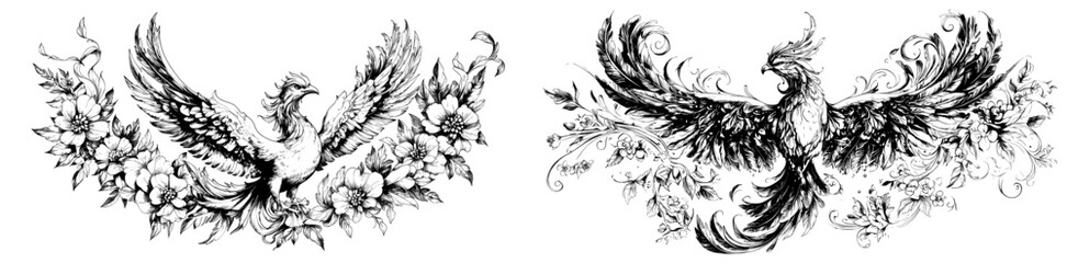 Poster - Set of monochrome botanical sketches. Linear drawing for packaging or icons. Etching painted with black ink for logos.