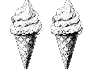 Aufkleber - Sketch set of colored and monochrome waffle cones with frozen yogurt or ice cream and cookies. Vintage illustration. Ideal for labels, packaging, and postcards.