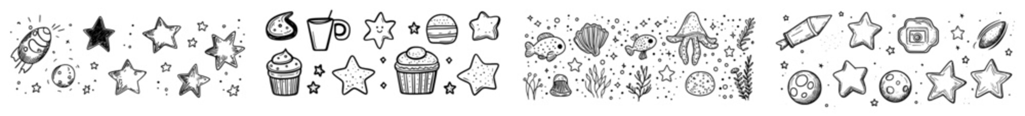 Aufkleber - This set of linear glitter, stars, and sequins is a doodle composition isolated on a white background.