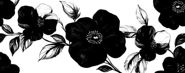 Poster - Handdrawn spring flowers seamless pattern. Black brush strokes and silhouettes of roses, peonies, and tulips. Summer botanical background.