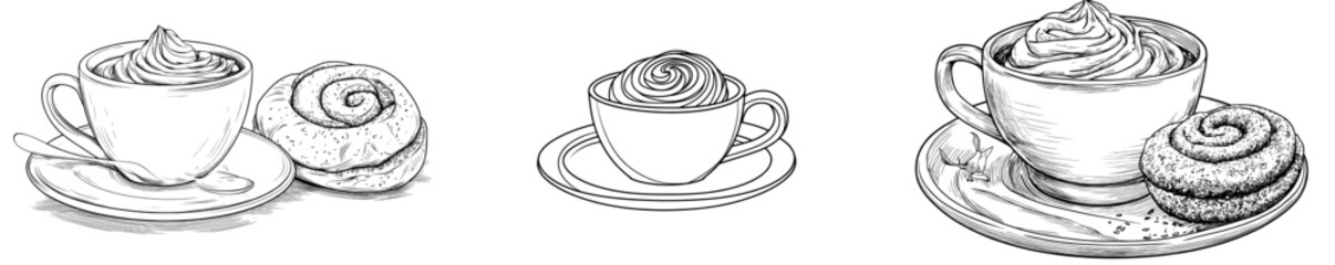 Aufkleber - Ink illustration sketch of coffee cup, cinnamon roll bun, and cappuccino for menus and invitations.