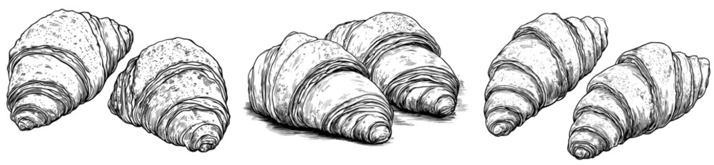 Poster - Black and white graphic illustration of croissants made with chocolate and butter for lunch and breakfast. Bakery pastry food in black and white.