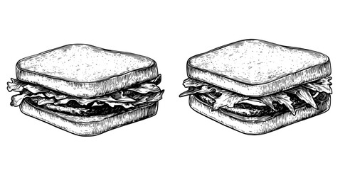 Poster - A hand-drawn modern sketch of a piece of sandwich with vegetables, cheese, meat. Vintage doodle illustration for cafe menus.
