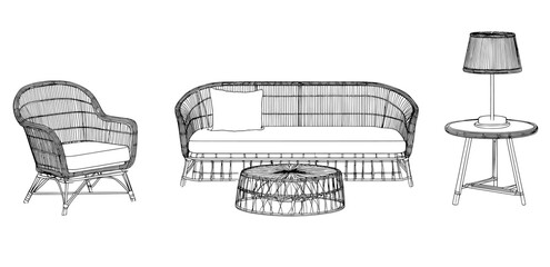 Poster - Hand drawn black ink sketch of modern patio furnitures and home decoration isolated on transparent background. Monochrome modern illustration.