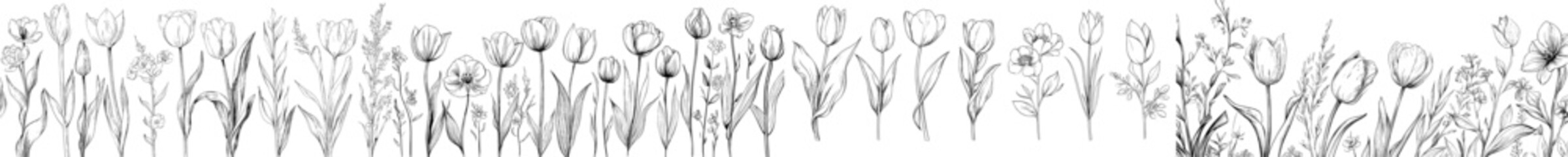 Poster - A detailed set of black and white drawings of flowers and leaves for wedding invitations, wallpapers, or save-the-date cards.