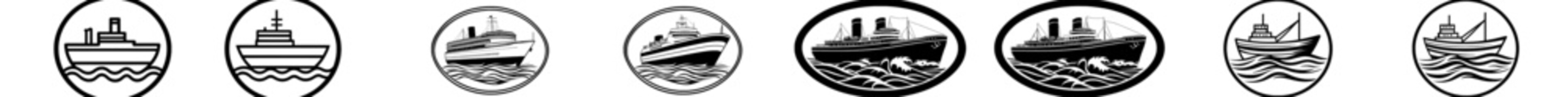 Aufkleber - Icon set with a ship icon. Shipping illustration symbols. Sea port logos. Freight transportation marks.