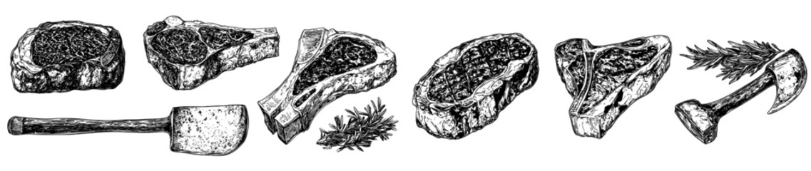 Poster - Hand-drawn colored and monochrome modern sketches of pork, beef, lamb ribs, piece of meat, set. They hold an engraving.