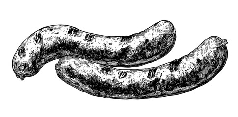 Poster - Colorful and monochrome modern sketch of barbecued sausage. Ideal for menus of cafes and labels. Engraved.