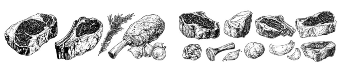 Poster - Colored and monochromatic sketches of beef steak, ham, pork. Fresh meat products. For the design of restaurant menus, butcher shops.