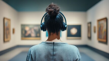 woman exploring a museum exhibit while listening to an audio guide through headphones in a contempor