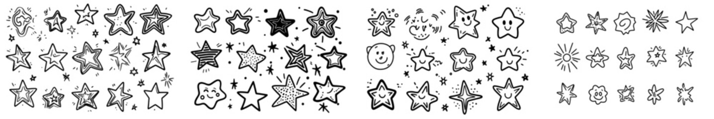 Aufkleber - Star sketch. Doodle scribble glitter and sparkles. Cartoon ink light icon. Hand drawn group stars displayed on white background.
