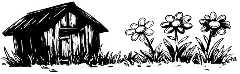 Poster - An illustration of a field of butterflies over flowers and grass set in a modern landscape.
