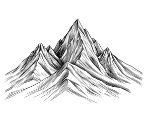 Aufkleber - Mountain sketch in monochrome ink. Hand drawn illustration on isolated background. Nature engraving. Doodle sketch of rocky peaks.