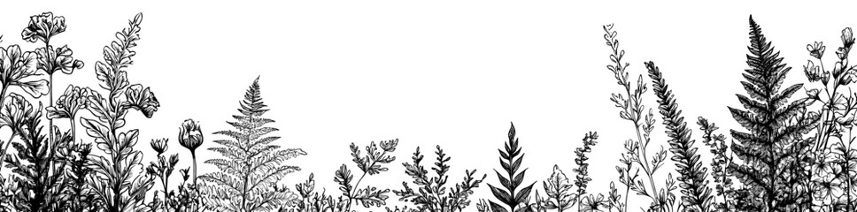 Poster - Border with fern and eucalyptus leaves. Flower overlay backdrop. Trendy greenery outline outline hand drawn modern illustration isolated on transparent background.