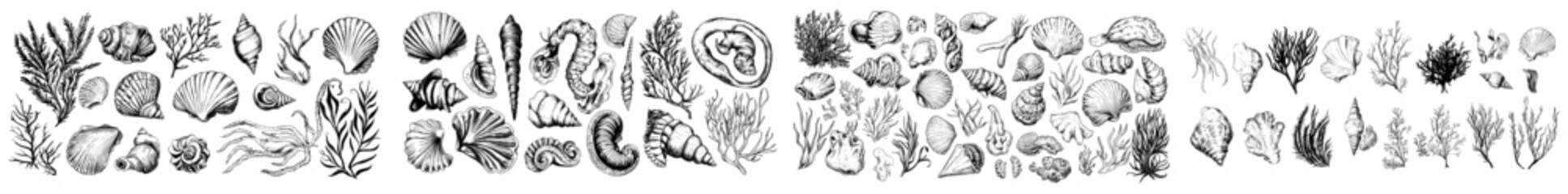 Poster - A modern set of sea animals with seaweed, coral, and seashells. Line art design of a seahorse and turtle in an underwater setting. Etching of an octopus and jellyfish. Graphic etching of a manta ray.