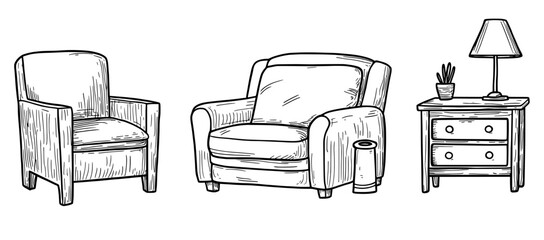 Aufkleber - Hand drawn black ink sketch of elegant vintage furniture and home interior decorations isolated on transparent background. Monochrome modern illustration.