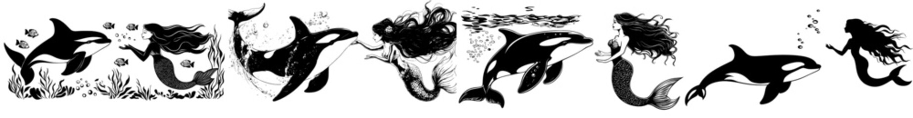 Poster - Black and white drawing of an orca whale jumping.
