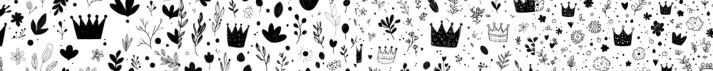 Aufkleber - Hand-drawn floral seamless pattern with doodles. Seamless botanical pattern monochrome modern collage with freehand sketches of various flowers.