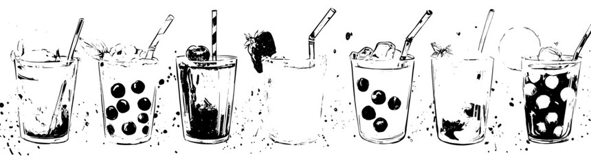 Wall Mural - Hand-drawn bubble tea flavor illustration set with fruit and line art.