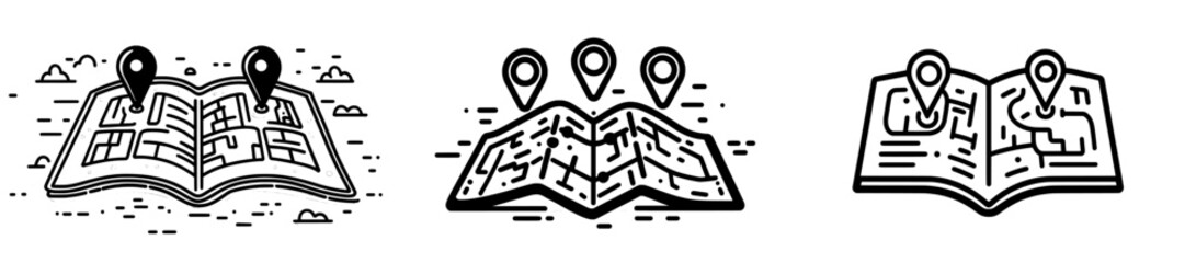 Poster - An illustration of a folded treasure map with locations marked in line art