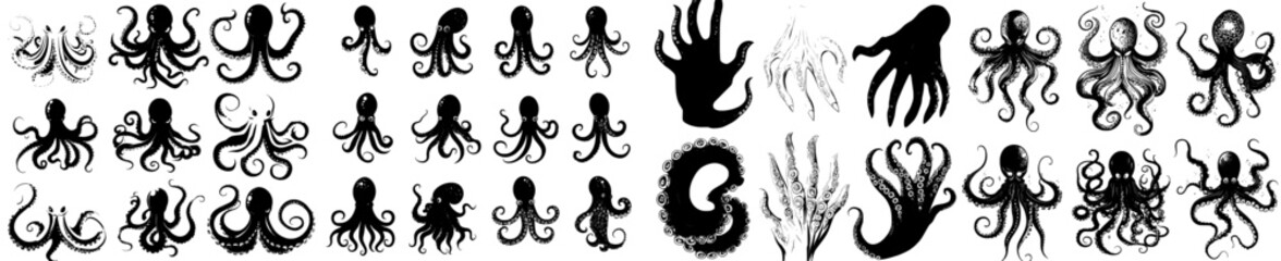 Poster - The tentacles of a Black Octopus. The tentacles of a Kraken Octopus. The body parts of a squid. Monochromatic ocean animal details. Cartoon icons, neoteric icons of the modern era.