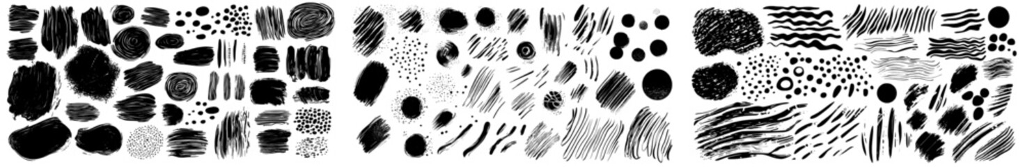 Aufkleber - Modern set of grungy ink brush strokes. Chinese, Japanese, Korean calligraphy brush strokes, circles, lines, crosses. Rough hand-drawn black scratchy scribbles on paper.