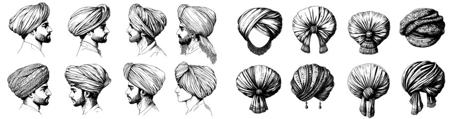 Poster - Traditional Headwear Ethnic Cultural Symbols Cultural Diversity Turbans Drawn Simple Style on White Background Icons of Different Turbans and Dastars.