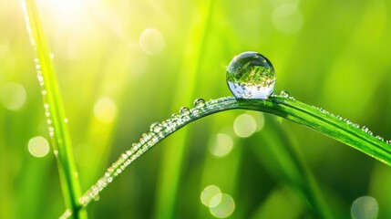 A close up macro shot of a large water droplet sparkling in sunlight on a grass blade showcasing morning dew in a vibrant green natural setting