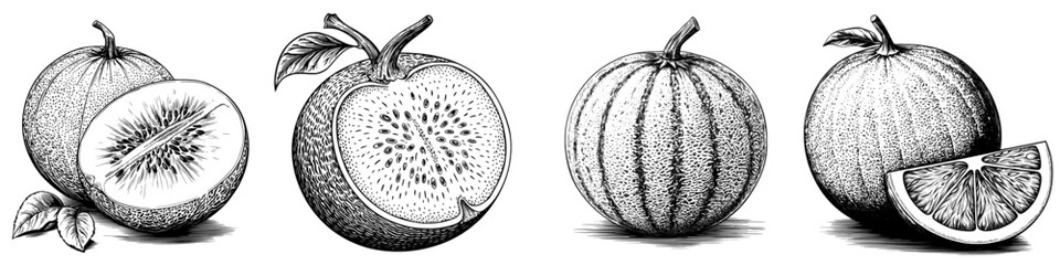 Poster - Monochrome fruit drawing of Ogden Melon, line art for vintage engravings