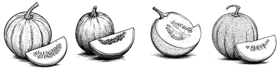 Poster - Fruit head drawing of a pepino melon, line art black realistic sketches painting