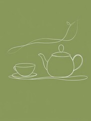 Poster - This artwork features a simplistic line drawing of a teapot and cup, evoking a tranquil atmosphere against a green background. Generative AI