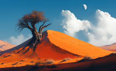 Wall Mural - A solitary tree stands on a steep desert dune under a blue sky with a crescent moon and a single puffy white cloud.