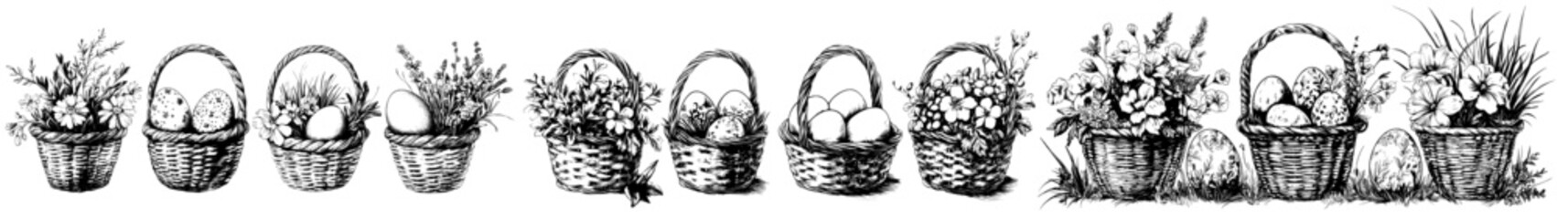 Poster - Isolated modern clipart of Easter straw rural baskets filled with eggs. Monochrome silhouettes set. Bunches of spring decorated eggs in wicker rustic baskets.