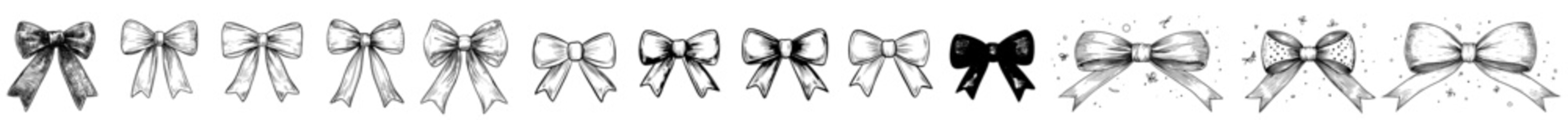 Poster - Linear bows. Modern outline icons. Ribbon sketches isolated on white background. Bows cores.