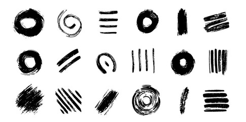 Black ink brushstrokes and shapes for creative projects, modern design elements, hand-drawn artistic lines, digital painting, calligraphy-style brushwork for backgrounds.