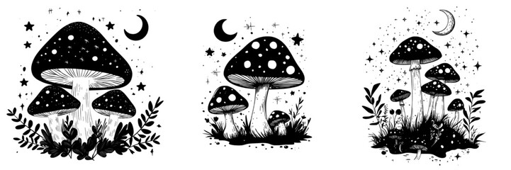 Aufkleber - An illustration of a mushroom with stars and moons done by hand