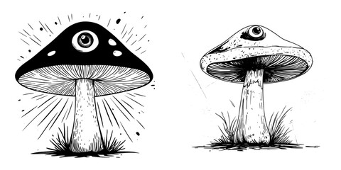 Aufkleber - Drawing of an eye on a mushroom in blue ink with a surrealistic sense of reality
