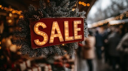 Poster - A bustling outdoor market with festive Christmas decorations and typography SALE banner and people shopping for gifts Stock Photo with side copy space