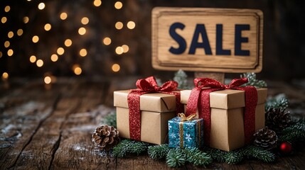 Poster - Gift boxes wrapped in colorful holiday paper with a prominent sale sign in the background Stock Photo with side copy space